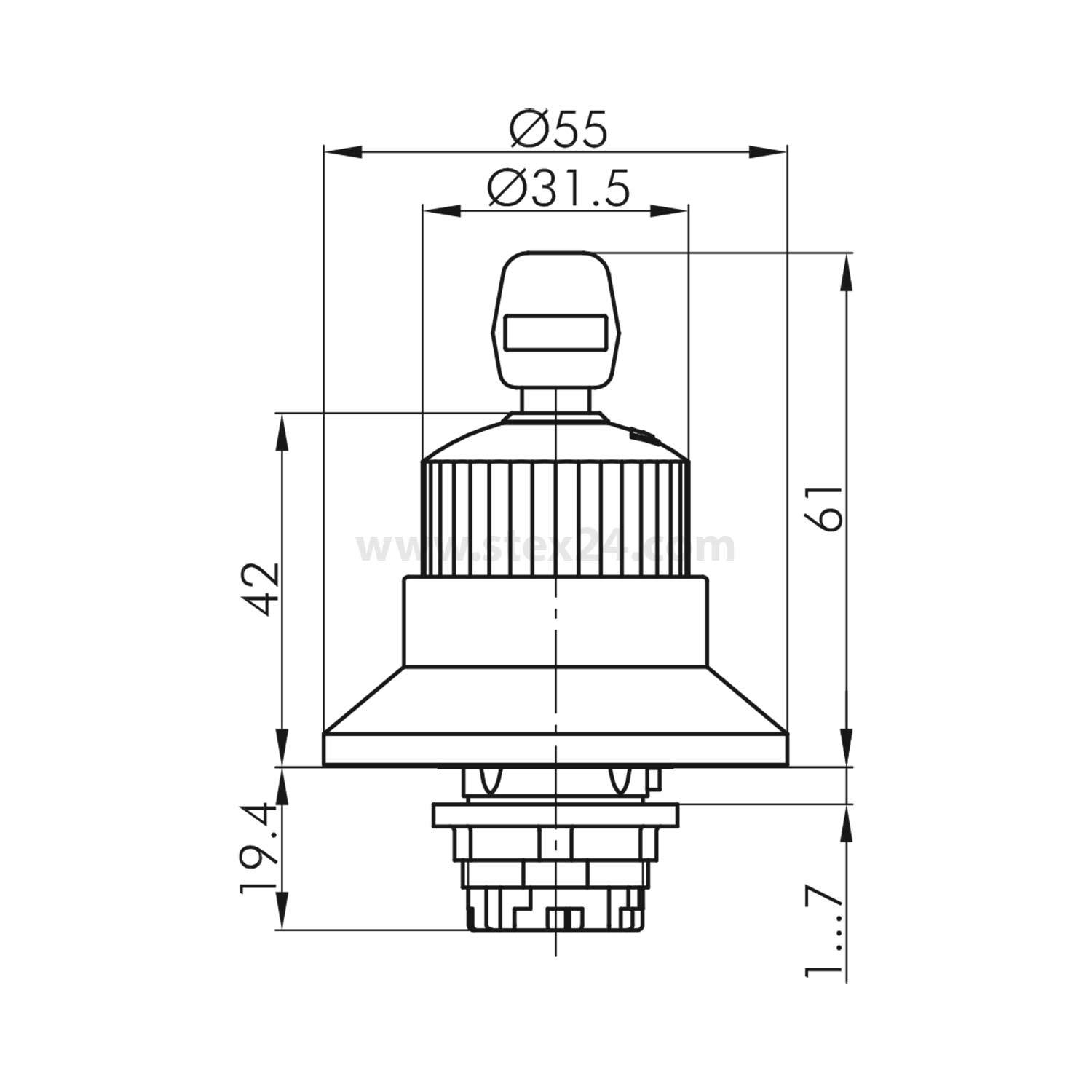 Technische Zeichnung eines Tastschalters mit Abmessungen: Durchmesser 55 mm, Höhe 61 mm, Basisbreite 31,5 mm, Höhe des unteren Abschnitts 42 mm.