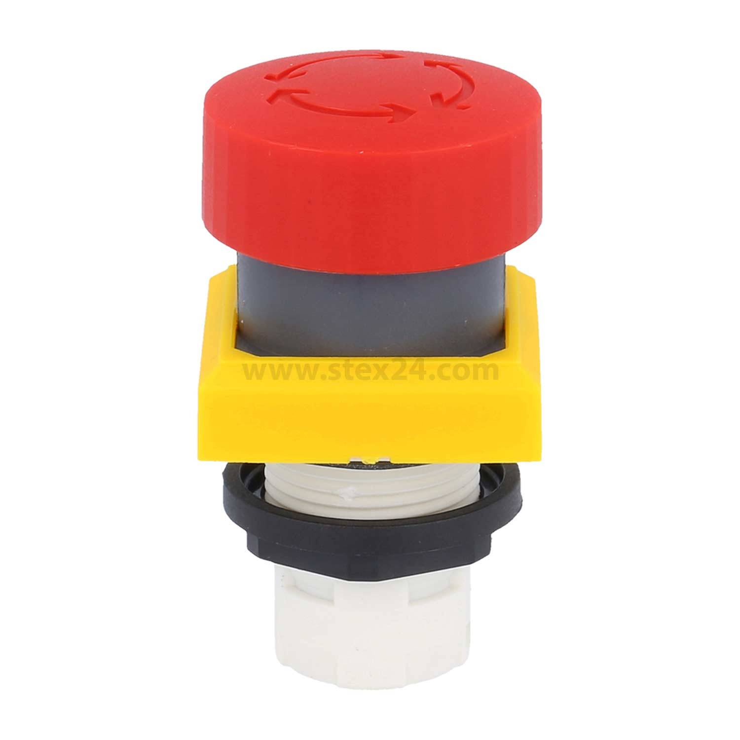 Roter Notaus-Schalter mit gelber Grundfläche, der für die Sicherheit in industriellen Umgebungen verwendet wird.