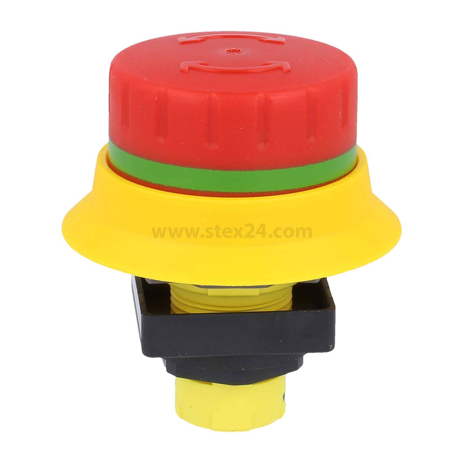 Roter Notaus-Knopf mit einer gelben Basis, der üblicherweise zu Sicherheitszwecken verwendet wird, um Maschinen oder Geräte in industriellen Umgebungen schnell zum Stillstand zu bringen.