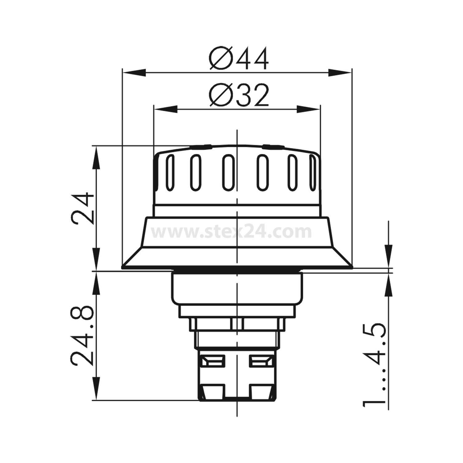 Technische Zeichnung eines Drehschalters. Abmessungen: Gesamtdurchmesser 44 mm, Durchmesser oben 32 mm, Gesamthöhe 24 mm.
