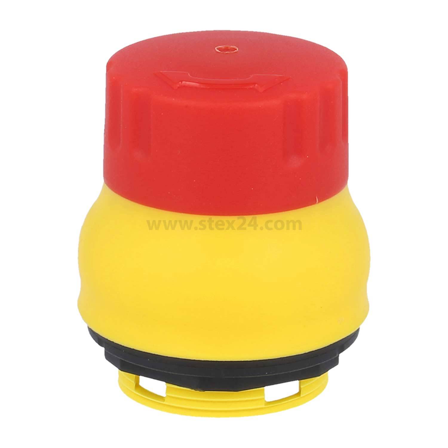 Eine rote und gelbe Abdeckung für einen Notaus-Schalter mit einem sicheren Drehverschlussmechanismus, die vor einem weißen Hintergrund fotografiert wurde.