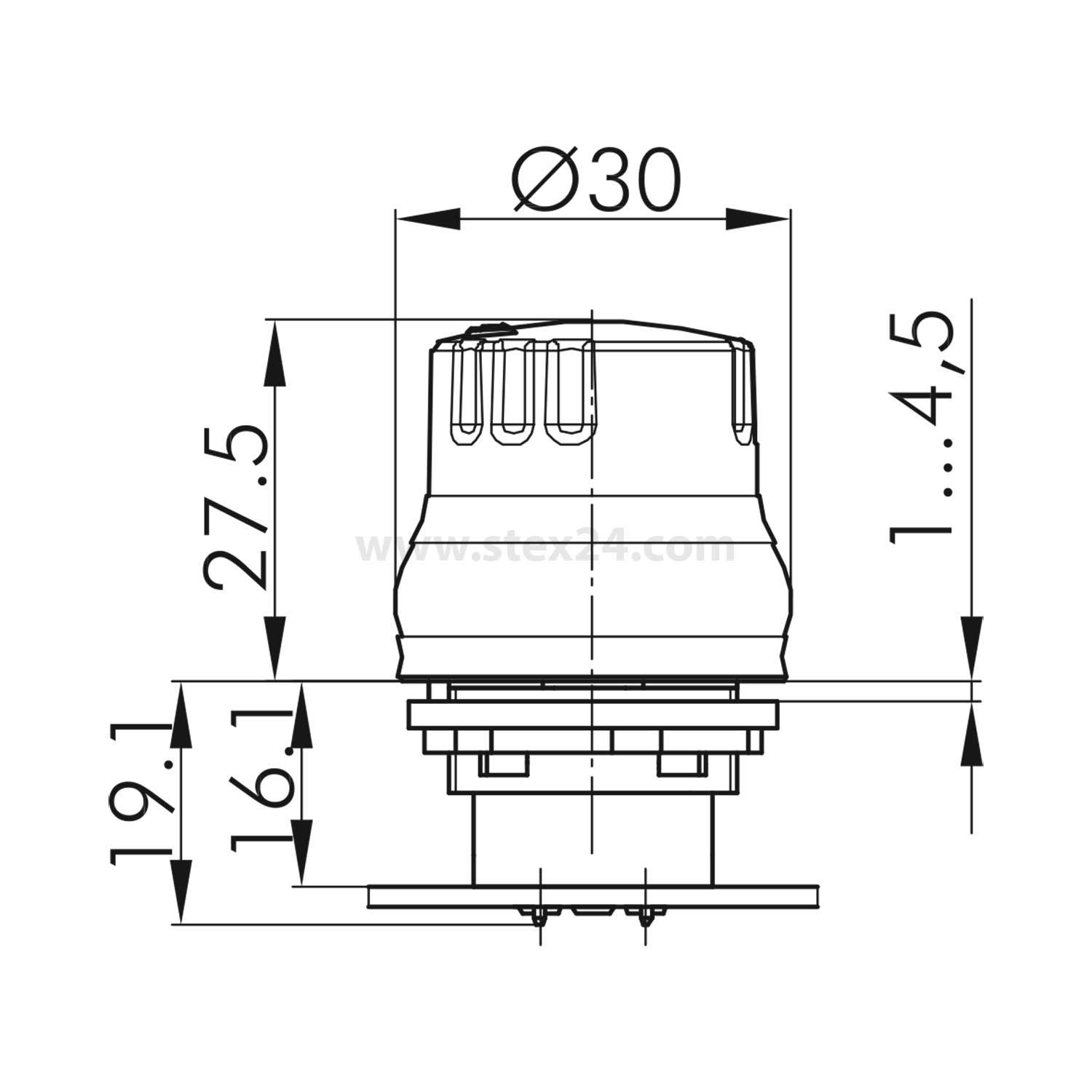 Technische Zeichnung einer zylindrischen Komponente mit Maßangaben: Durchmesser 30 mm, Höhe 27,5 mm. Untere Abschnitte: 16,1 mm und 19,1 mm.