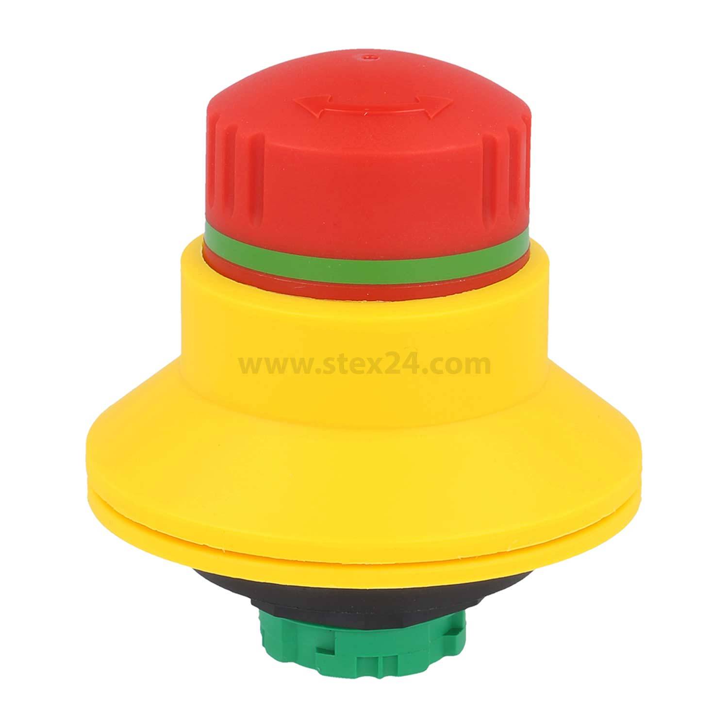 Ein roter Notaus-Knopf mit gelber Basis, der zur Sicherheit an Maschinen oder Ausrüstungen verwendet wird, um Betriebsabläufe im Notfall sofort zu stoppen.