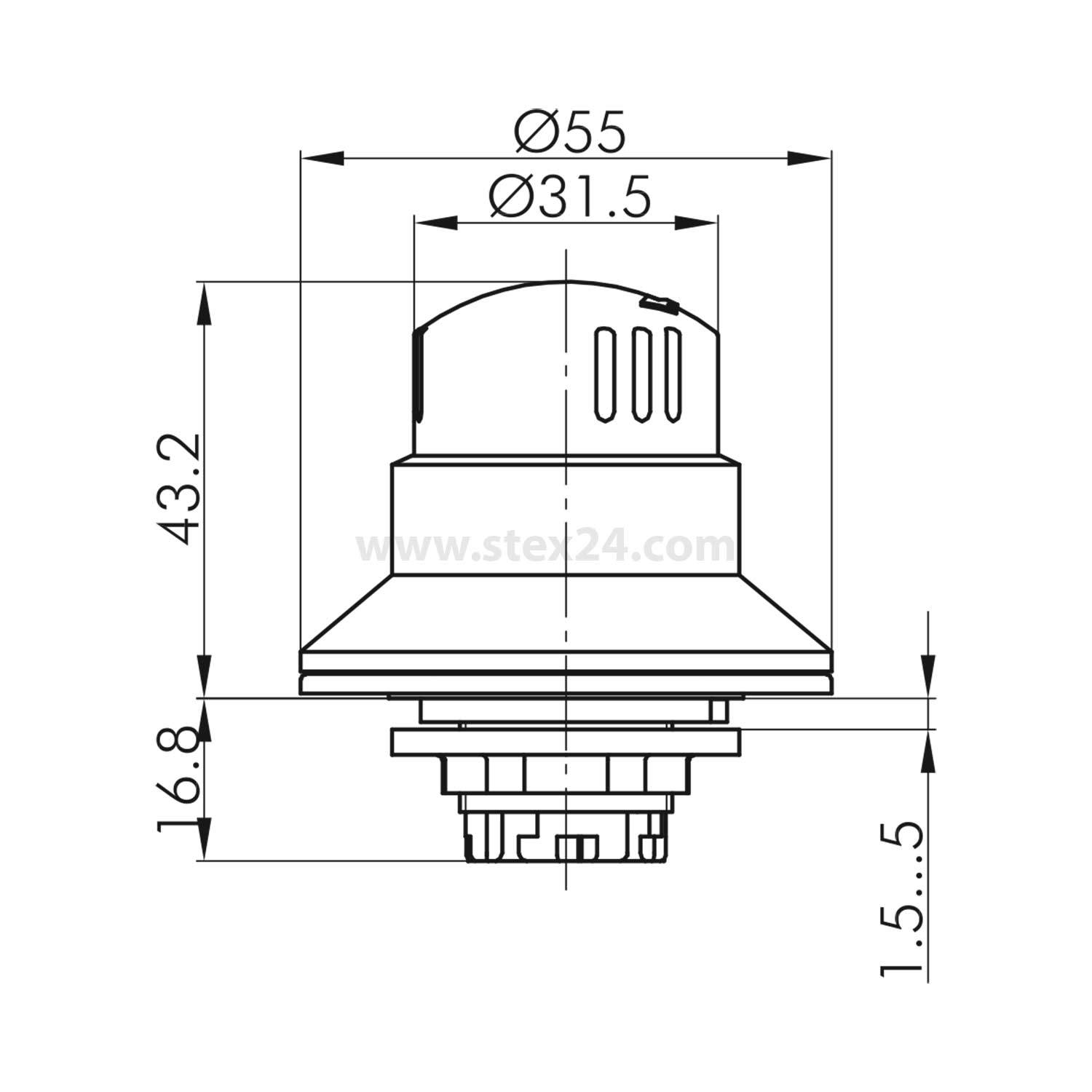 Technische Zeichnung einer Komponente mit Abmessungen: Ø55, Ø31,5, 43,2 Höhe. Beschriftung 'stel24.com' in der Mitte sichtbar. Detaillierte Ansicht der Basis.
