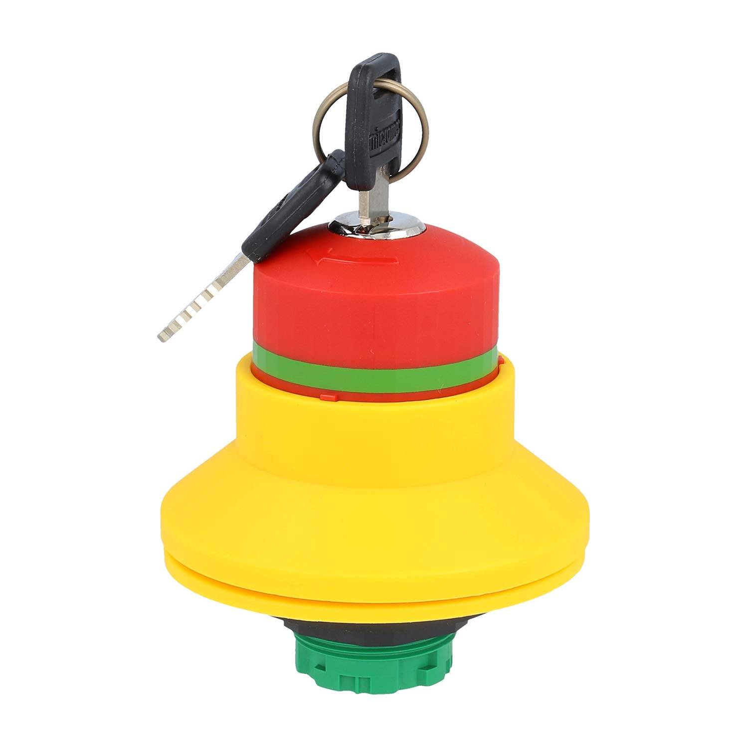 Ein gelb-roter Sicherheitsschalter mit einem Schlüssel, der oben eingesetzt ist und für Notaus-Funktionen in industriellen Umgebungen verwendet wird.