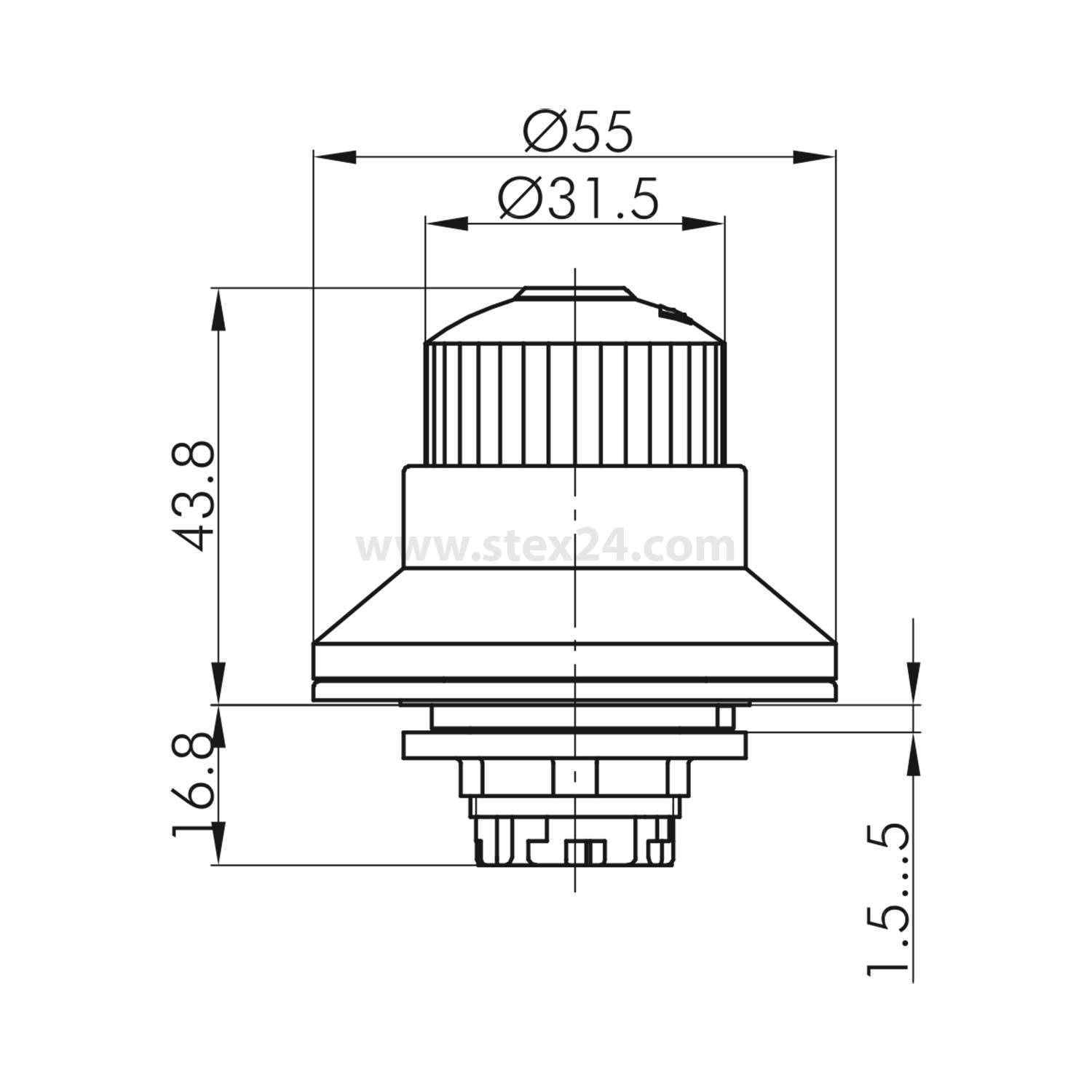 Technische Zeichnung eines zylindrischen Schalters mit Maßangaben; Durchmesser oben Ø55mm, reduzierter Abschnitt Ø31,5mm, Gesamthöhe 43,8mm.