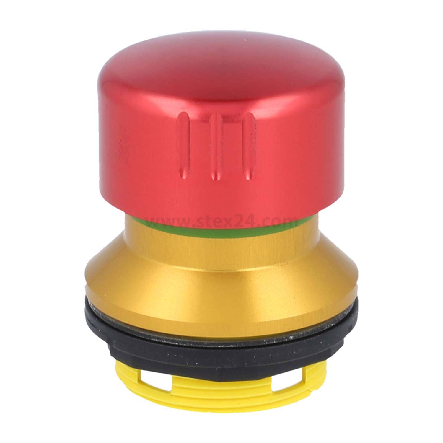 Ein roter Not-Aus-Knopf mit gelber Basis, konzipiert für industrielle Ausrüstung oder Maschinen, verwendet für schnelle Abschaltungen in Notfallsituationen.