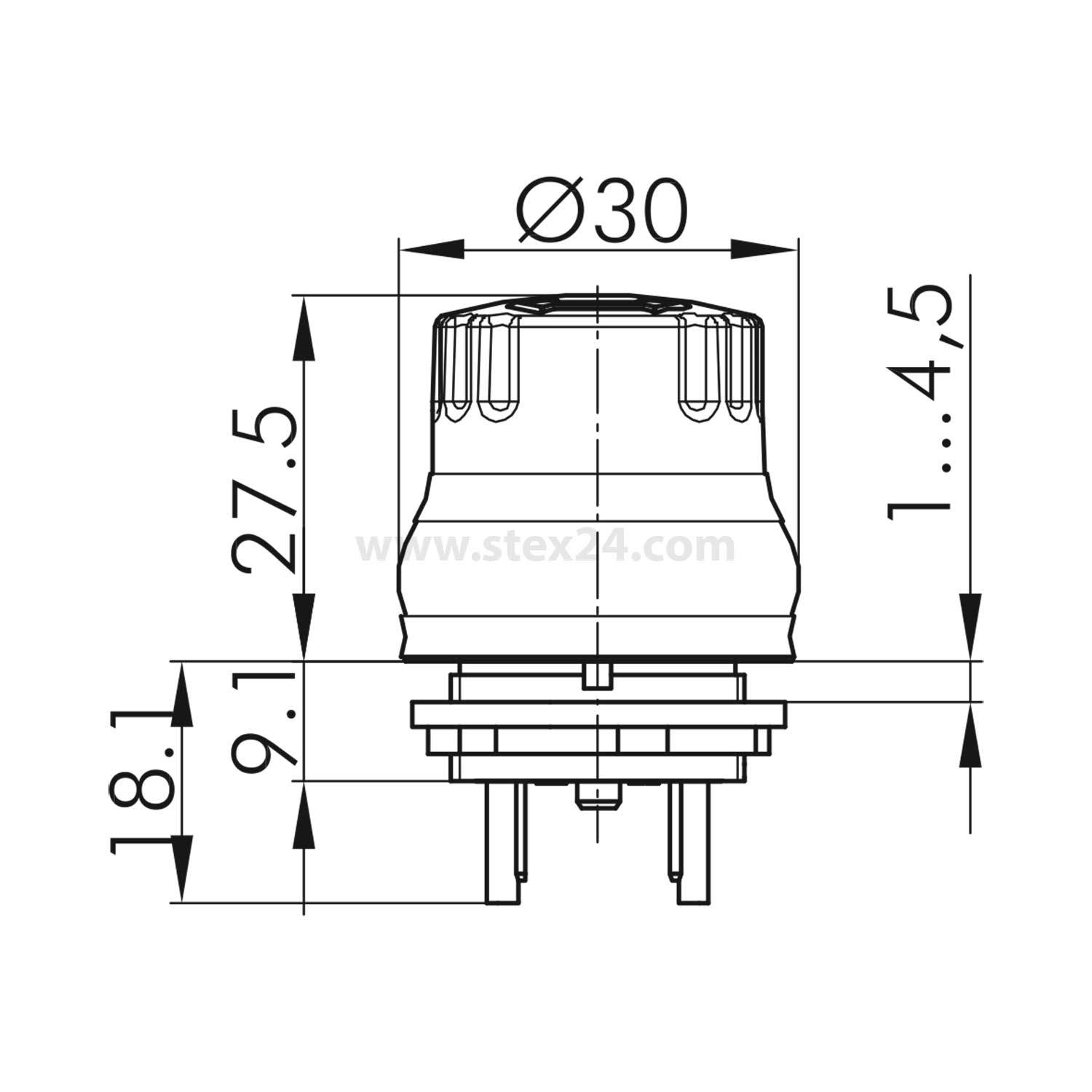 Technische Zeichnung eines zylindrischen Verbinders mit Abmessungen: 30 mm Durchmesser, 27,5 mm Höhe; Basishöhe 18,1 mm; Stiftanschlüsse dargestellt.