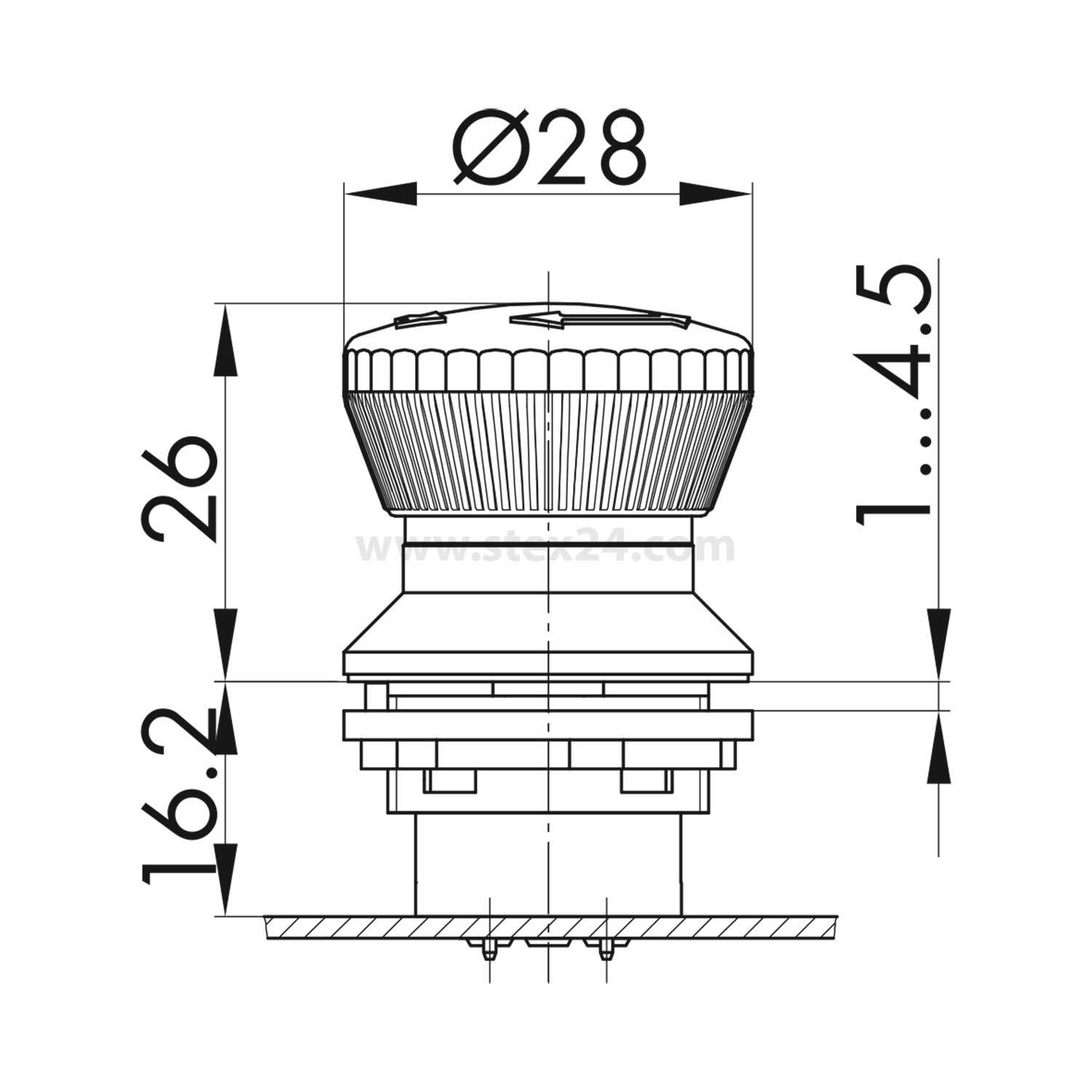 Technische Zeichnung einer Komponente mit 28 Millimeter Durchmesser und spezifischen Höhenmessungen. Bemerkenswerte Höhen sind 26 mm, 16,2 mm und 4,5 mm.