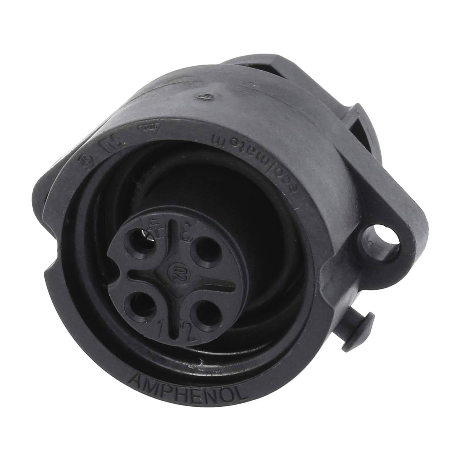 Schwarzer kreisförmiger elektronischer Verbinder mit Vier-Pin-Konfiguration.