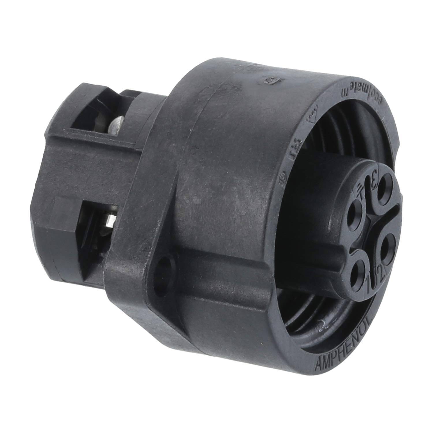 Ein schwarzer Amphenol Industrierundfunkstecker mit mehreren Buchsenkontakten, verwendet für sichere elektrische Verbindungen in industriellen Anwendungen.