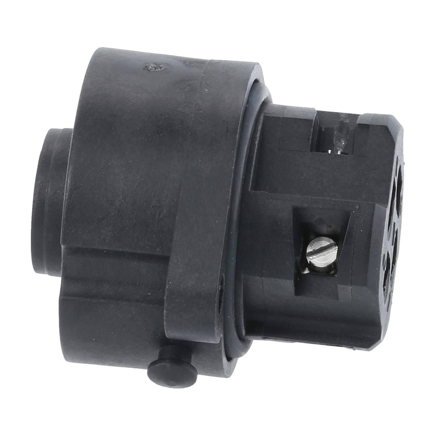 Ein schwarzer Kunststoff-Zylindersensor mit einer kleinen Metallschraube an der Seite, möglicherweise für Automobil- oder industrielle Anwendungen verwendet.