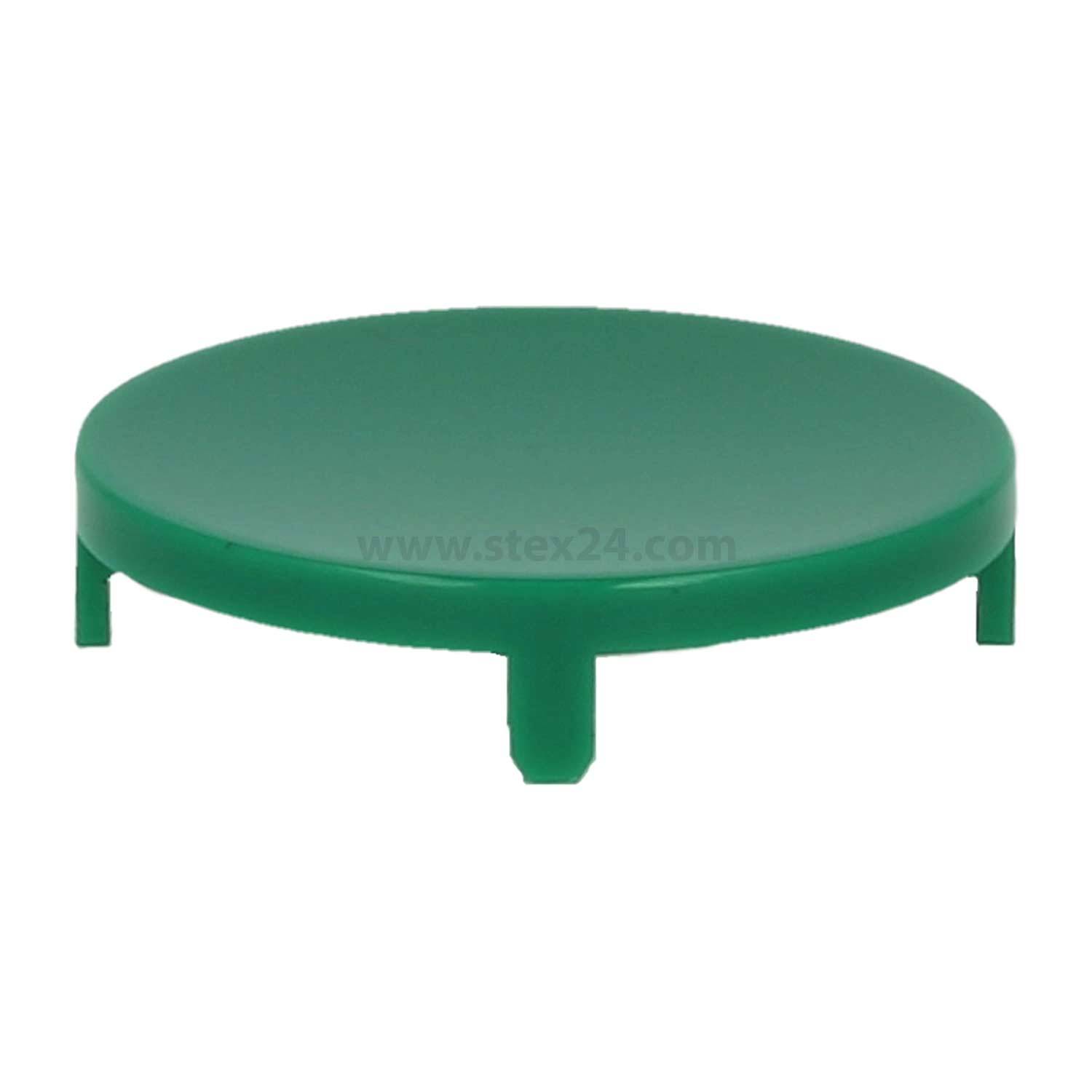 Eine grüne runde Plastikkappe mit drei kurzen Beinen, die typischerweise als Schutzabdeckung verwendet wird.