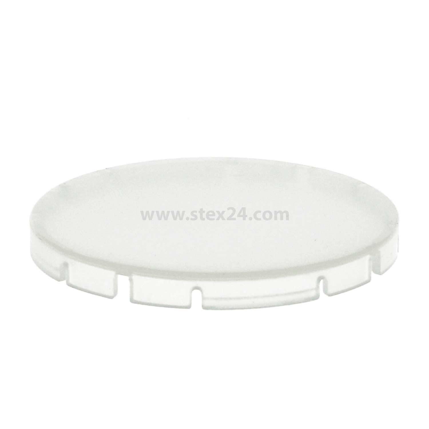 Ein transparenter Plastikdeckel mit kleinen Laschen an den Kanten, der dazu dient, einen Behälter abzudecken.