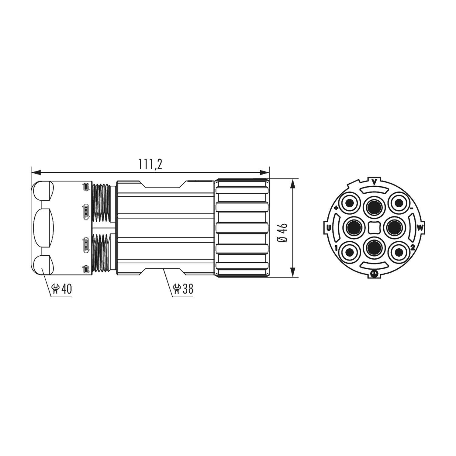 Technische Zeichnung eines zylindrischen Verbinders, 111,2 mm lang, mit mehreren Stiftöffnungen. Durchmessermessungen: 40 mm, 38 mm, 46 mm.