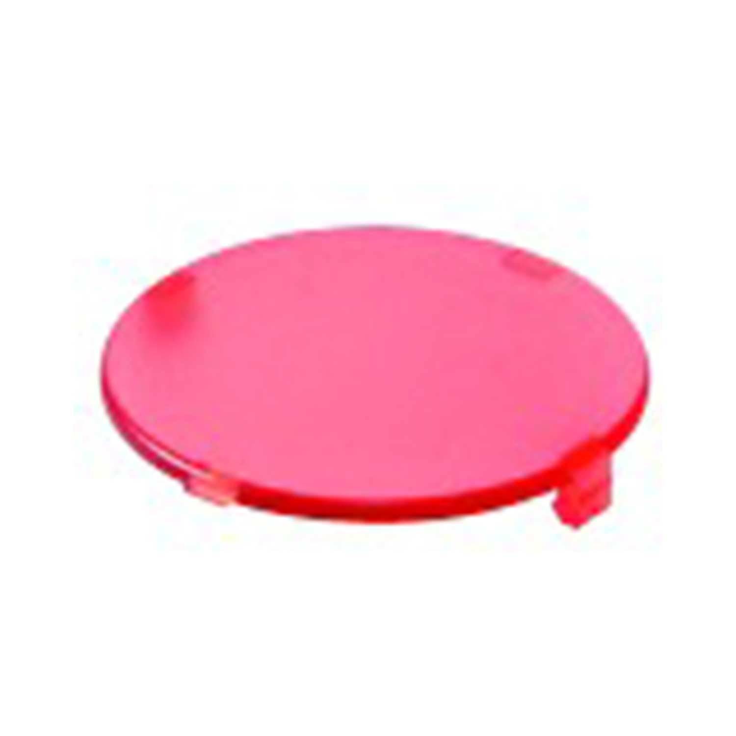 Roter kreisförmiger Deckel, leicht angehoben mit einer glatten Oberfläche, der als Abdeckung für Behälter verwendet wird, um Inhalte zu versiegeln und zu schützen.