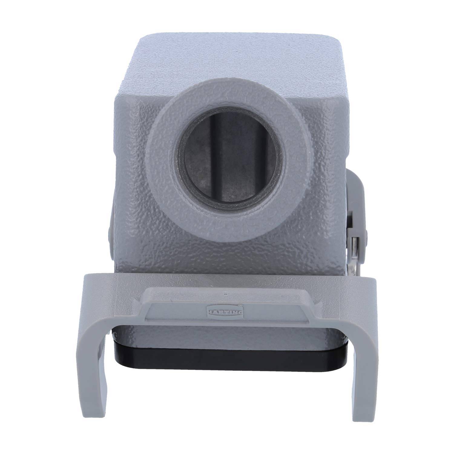 Eine Frontansicht eines grauen, rechteckigen Industriegeräts mit einer zentralen kreisförmigen Öffnung, montiert auf einem stützenden U-förmigen Halterung.