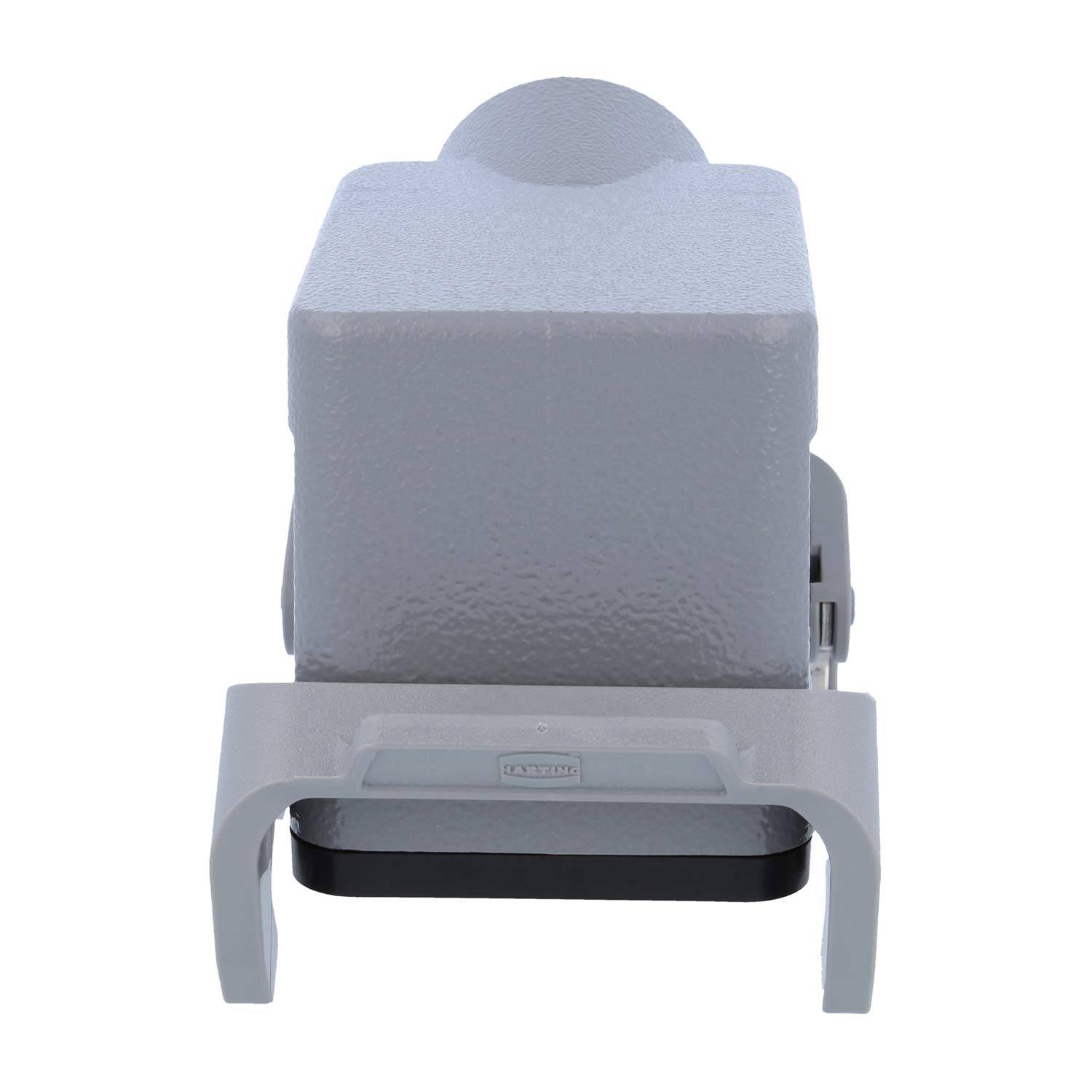 Eine graue, rechteckige, industrielle mechanische Komponente mit quadratischer Basis und montiertem zylindrischen Element, von vorne betrachtet.