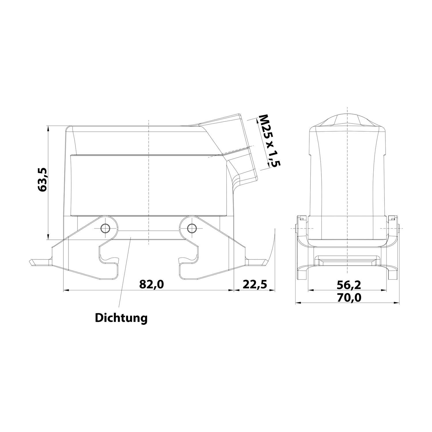 Technische Zeichnung einer mechanischen Komponente mit Maßen: 63,5 Höhe, 82 Breite, 22,5 Tiefe. Bezeichnung lautet „Dichtung