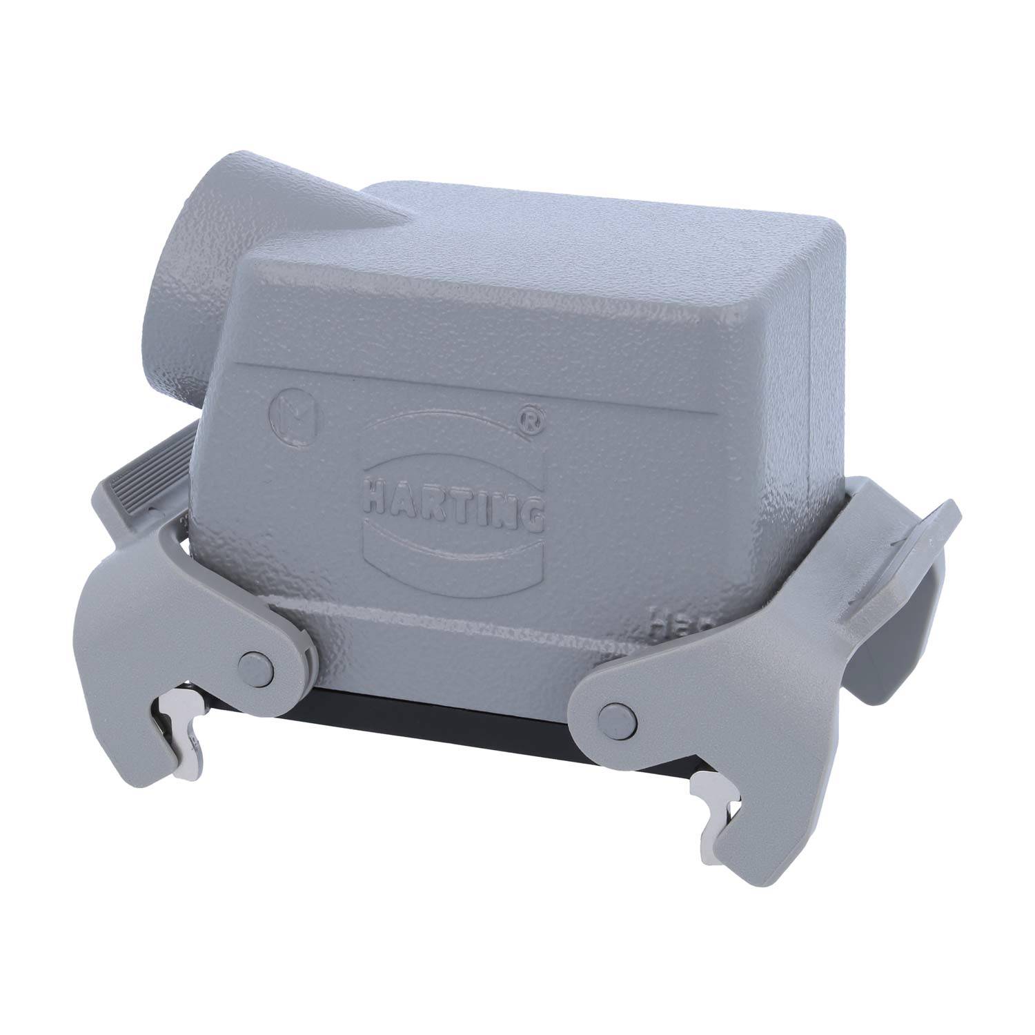 HARTING-markiertes graues industrielles Verbindergehäuse mit Seitenclips, verwendet zum Schutz und zur Sicherung elektrischer Verbindungen.