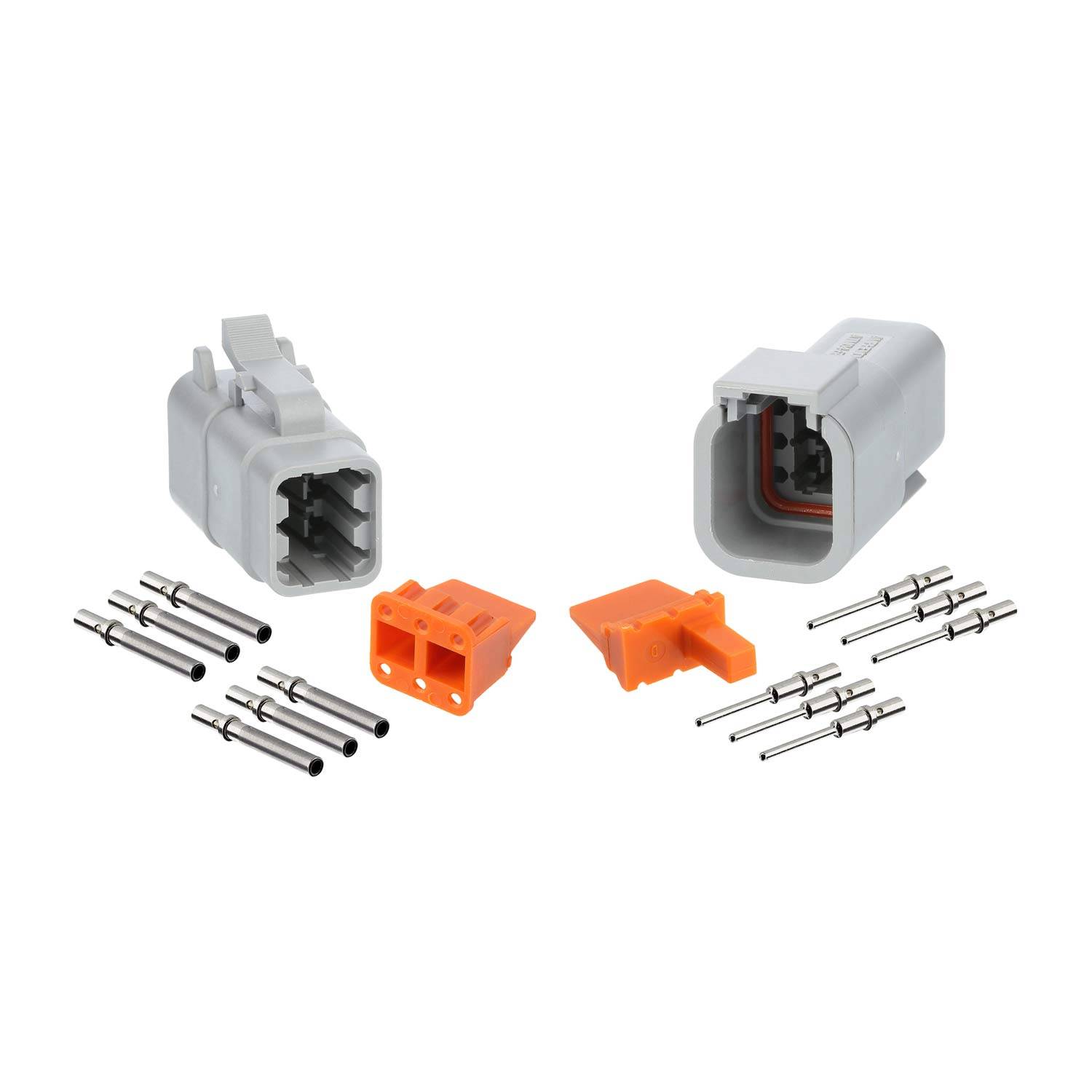 „Ein Satz elektrischer Anschlüsse mit neun Metallstiften, Kunststoffgehäusekomponenten und einem orangefarbenen Einsatz, zur Montage angeordnet.