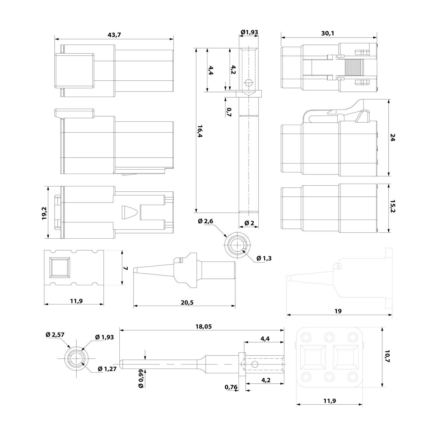 Technische Zeichnung zeigt verschiedene Dimensionen und Ansichten von mechanischen Komponenten mit Messungen in Millimetern für präzise Montage.