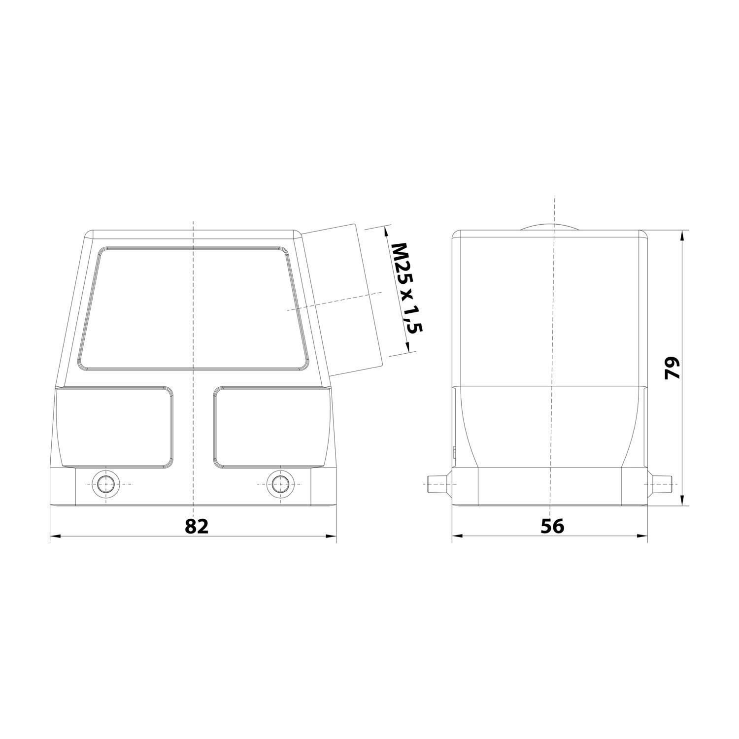 05200320561 HARTING Han 32A Tüllengehäuse hoch, 1xM25 seitlicher Kabelabgang, für 2 Bügel (am Unterteil) Verschraubung