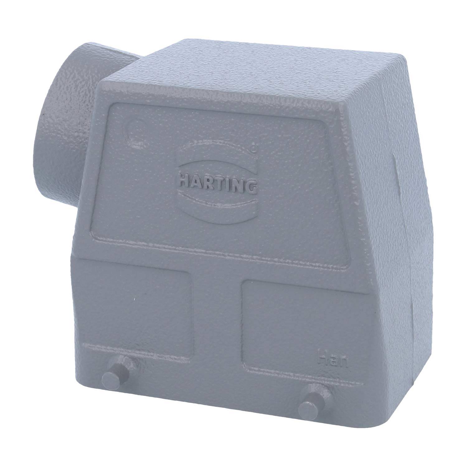 Ein graues Harting-Industriesteckverbinder-Gehäuse mit Winkeldesign, geprägtem Logo und zwei sichtbaren Schraublöchern an der Basis.