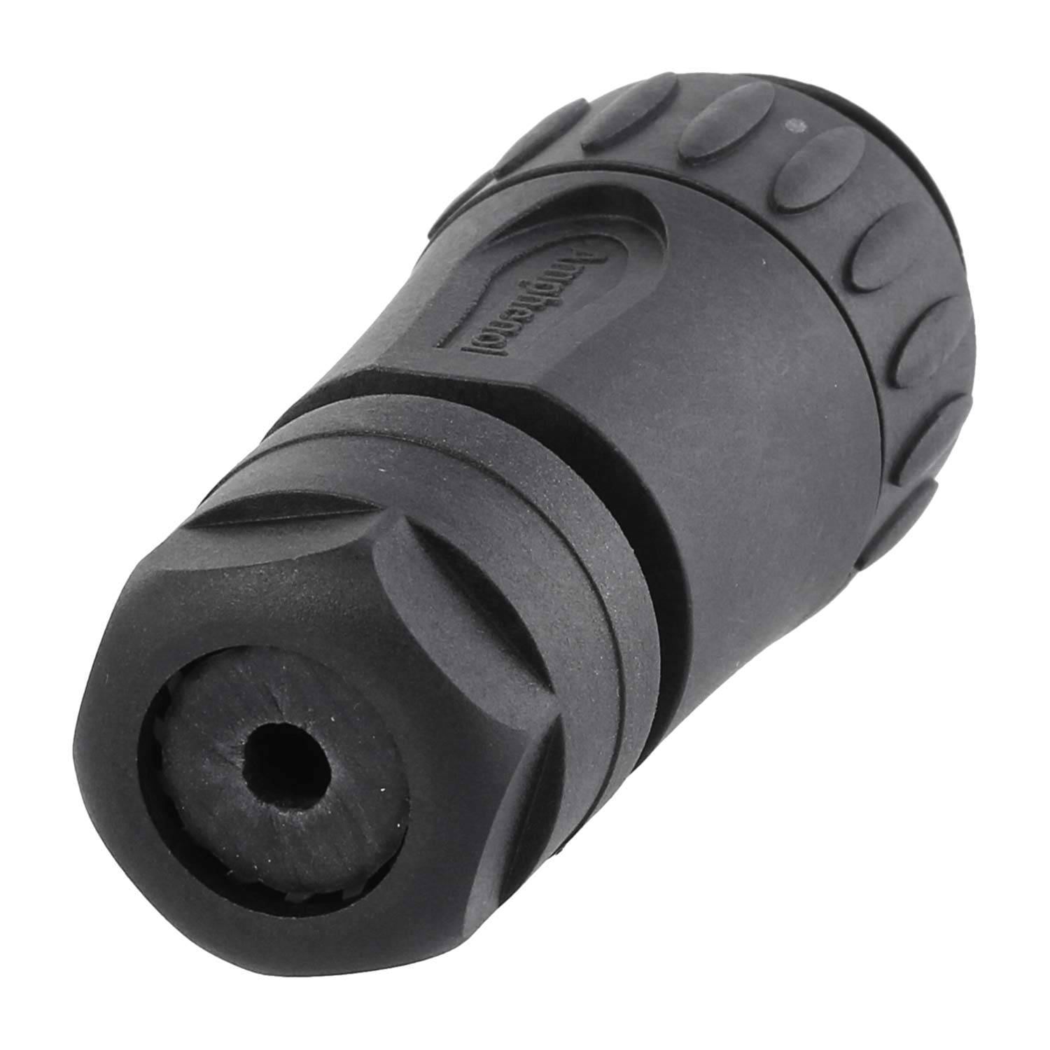 Ein schwarzer gerillter Gummigriff, der für eine sichere Handkontrolle konzipiert ist und ergonomische Konturen sowie ein charakteristisches, robustes Design aufweist.