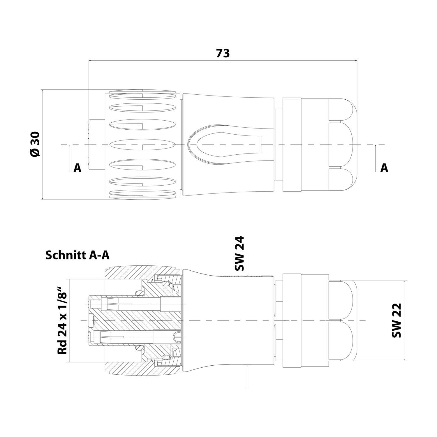 Technische Zeichnung eines 73 mm langen, 30 mm Durchmesser-Verbinders mit Schnittansichten zur Darstellung der inneren Struktur. Beschriftungen: Rd 24 x 1/8