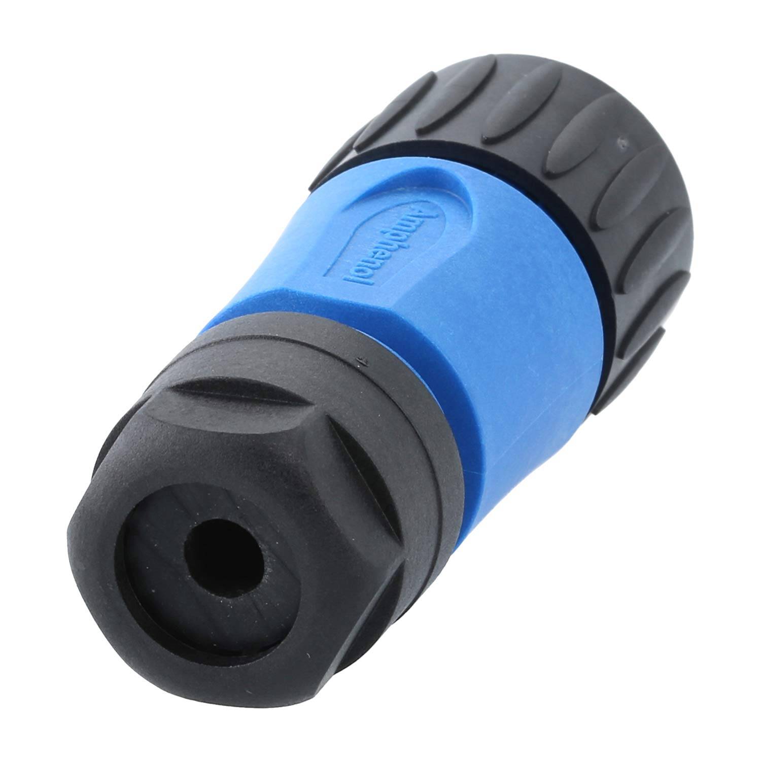 Eine blaue und schwarze Plastik-Gartenschlauchbrause mit strukturiertem Griff und weiter Öffnung, entwickelt für einstellbare Wasserdurchflussmenge.