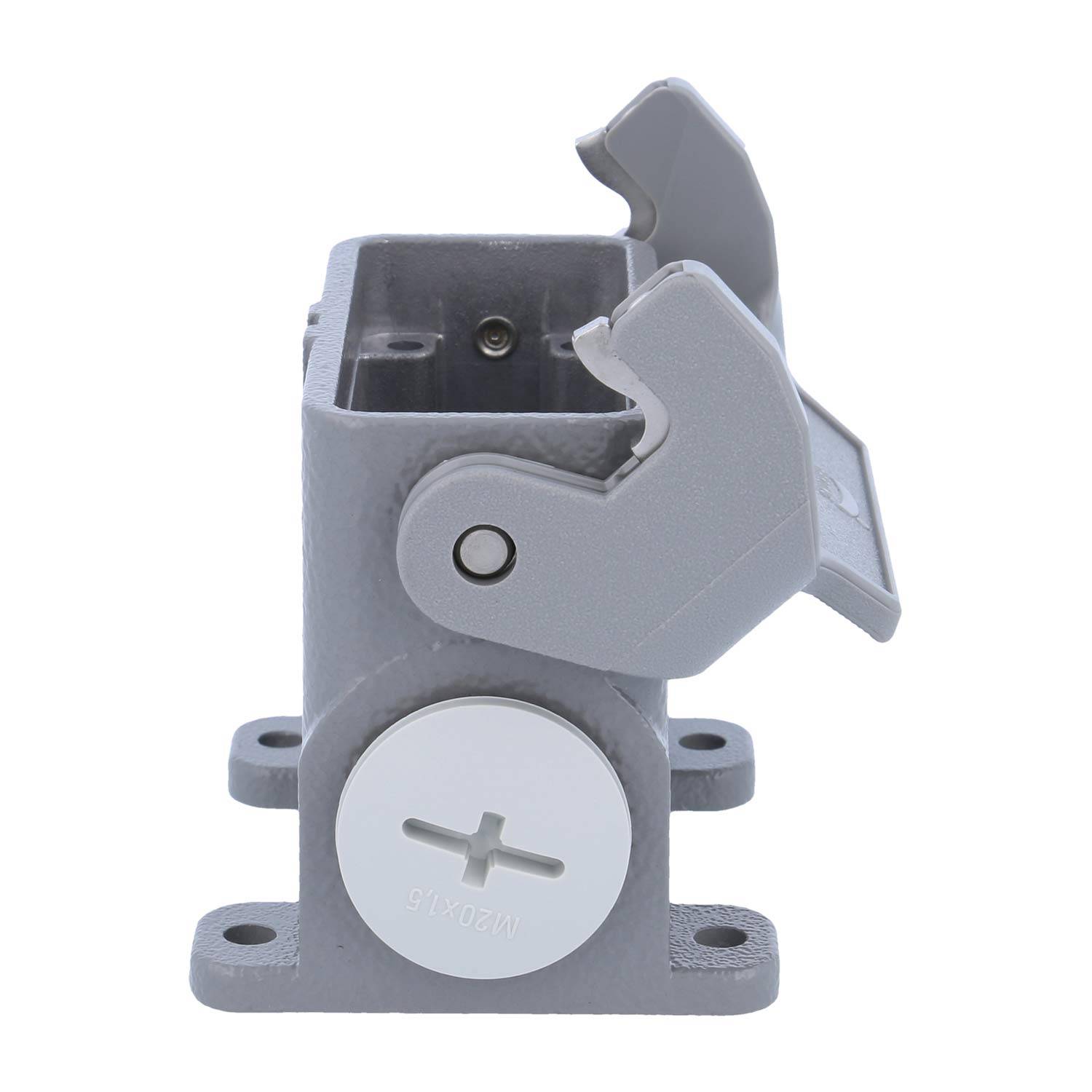 Eine graue industrielle Scharnierkomponente mit offener Abdeckung, versehen mit Schraubenlöchern und einer kreisförmigen Platte mit Kreuzform.