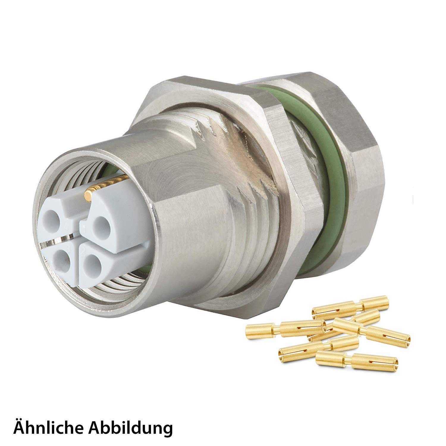 Ein Metallverbinder mit vier weißen Anschlüssen und einem grünen Dichtungsring, daneben mehrere kleine Goldpins. Text lautet 'Ähnliche Abbildung'.