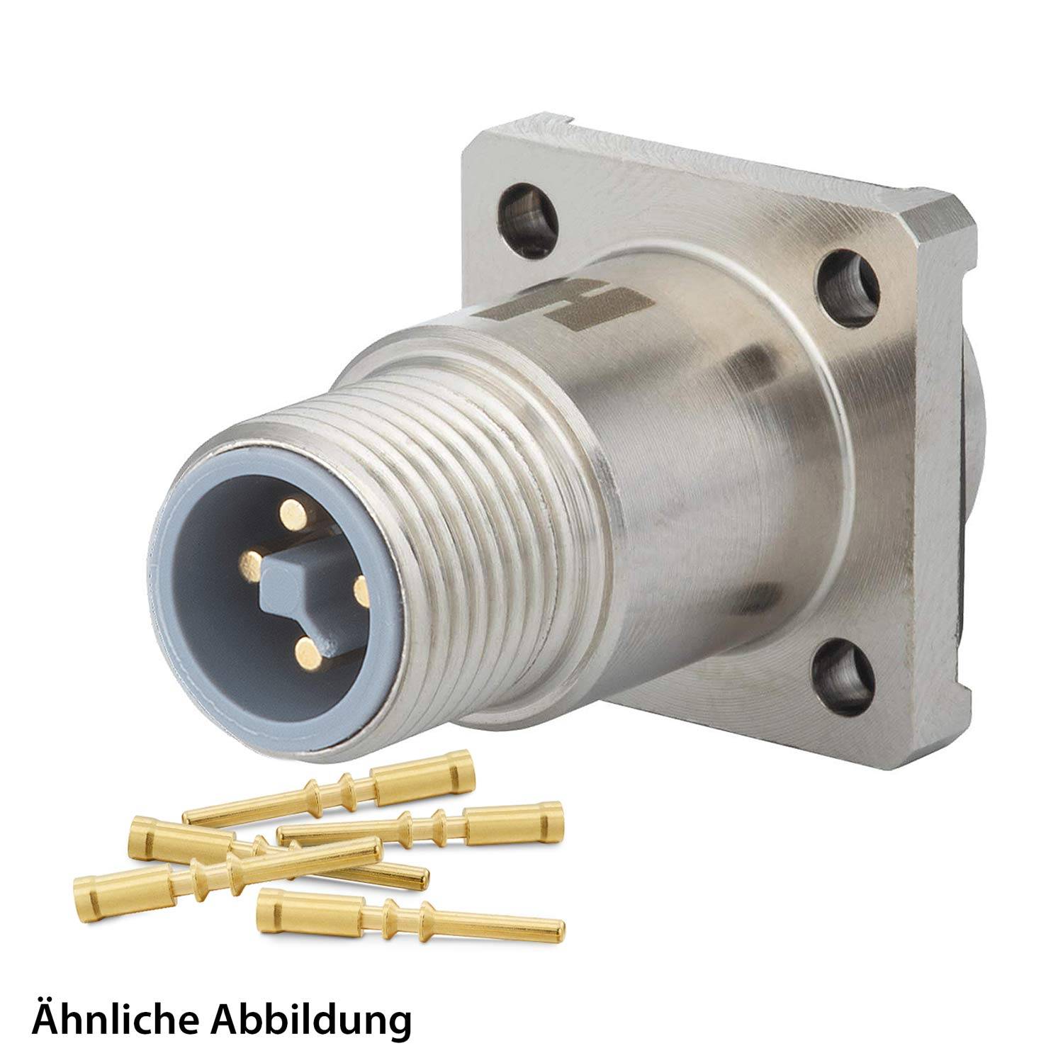 Ein metallischer elektrischer Verbinder mit einer kreisförmigen Schnittstelle und mehreren Kontaktstiften wird zusammen mit mehreren vergoldeten Stiften dargestellt.