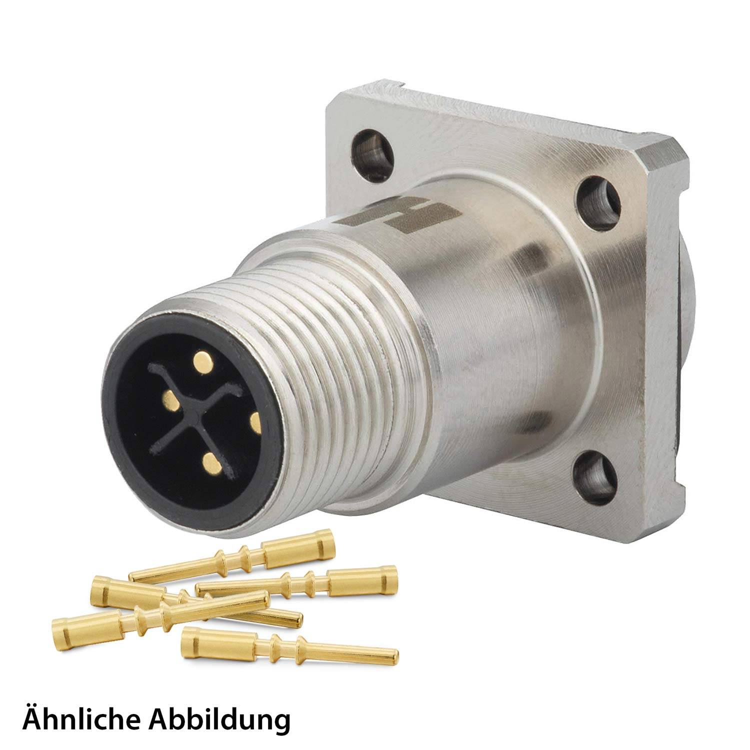 Ein Metallverbinder mit einer kreisförmigen Front und vier Pins, zusammen mit vier separaten Goldpins. Text lautet: Ähnliche Abbildung.