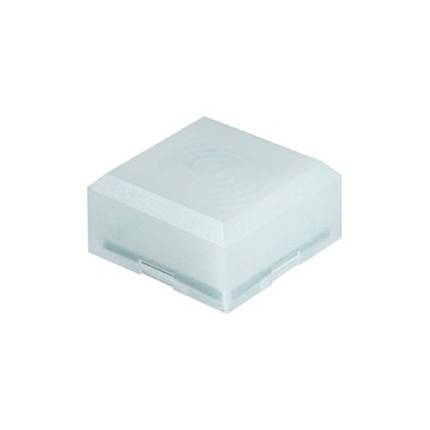 Eine gefrostete, quadratische Plastikbox mit einem gemusterten Deckel. Sie hat eine lichtdurchlässige Erscheinung und scheint ein Aufbewahrungsbehälter zu sein.