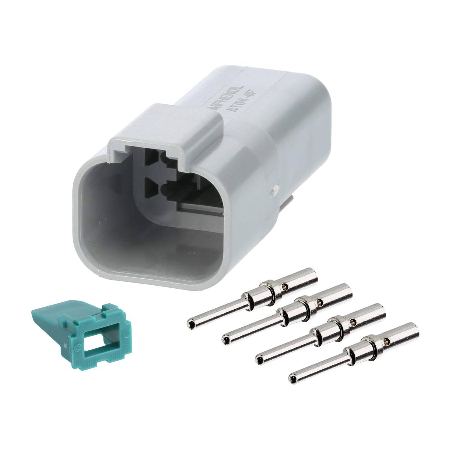 Ein graues Elektroanschlussgehäuse mit einem begleitenden aquafarbenen Verriegelungsclip und vier metallischen Pins, wahrscheinlich für automotive Verkabelung verwendet.