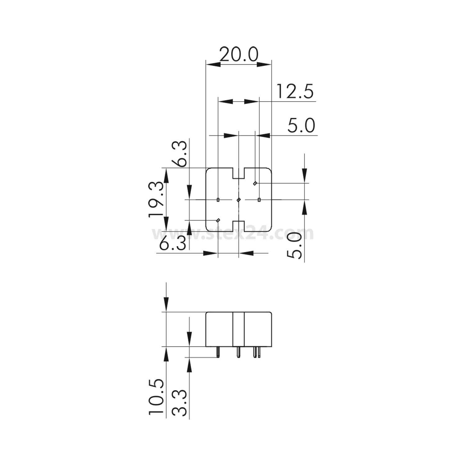 Technische Zeichnung einer Verbindungskomponente mit Maßen: 20,0 x 19,3 mm Hauptkörper, 6,3 und 5,0 mm innere Abschnitte, 10,5 mm Höhe.