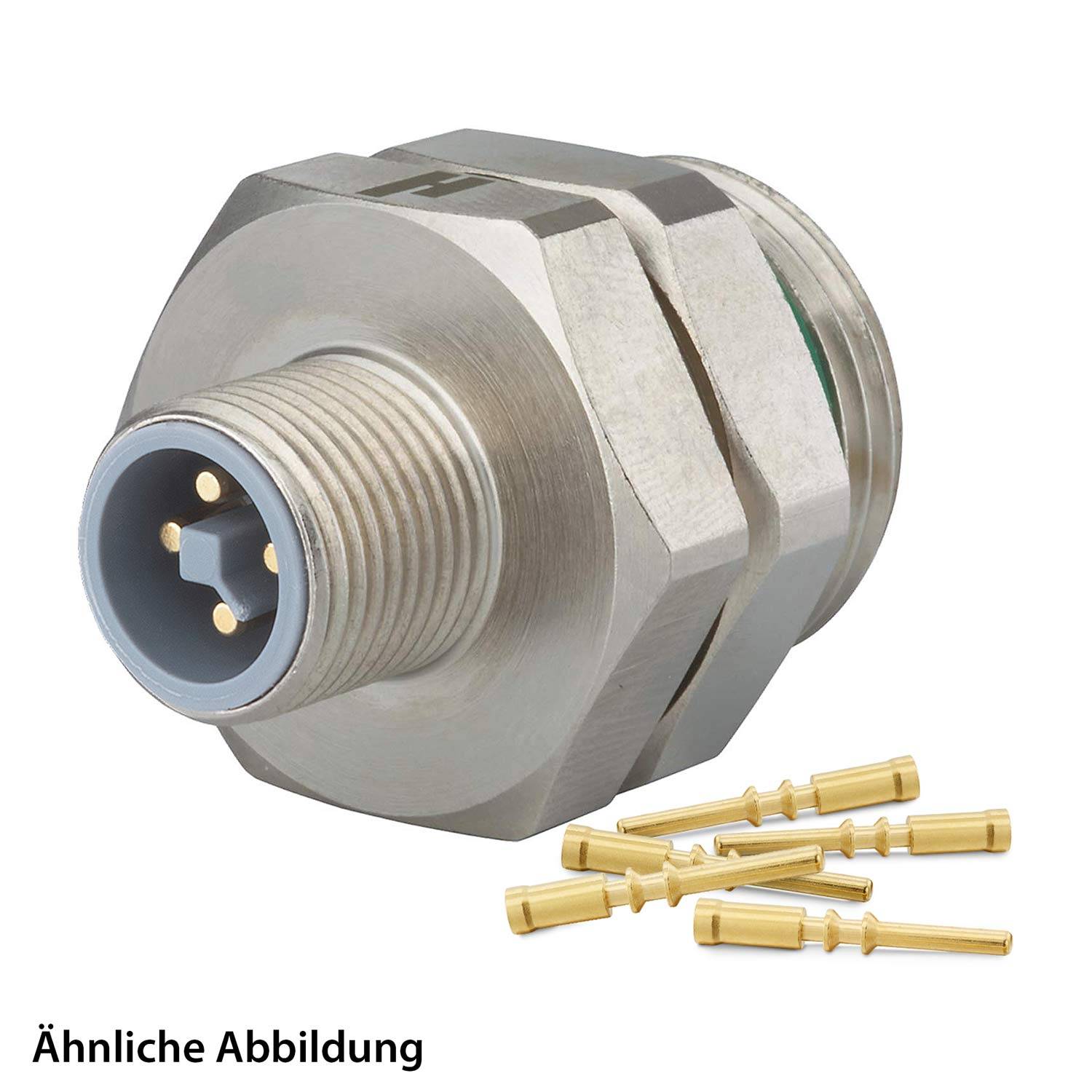 Ein metallischer kreisförmiger Anschluss mit drei sichtbaren Pins, daneben lose Goldpins, mit der Beschriftung 