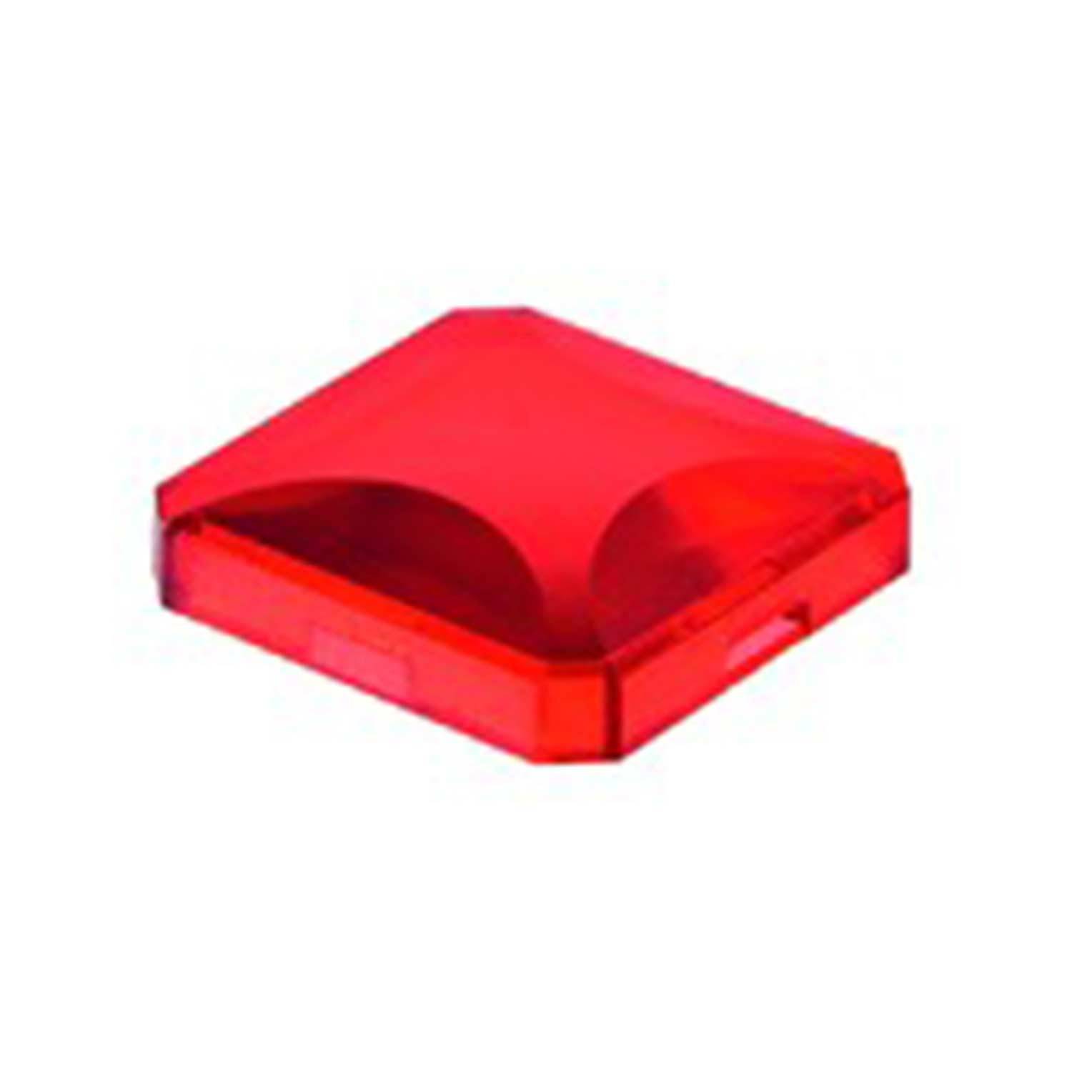 Ein rotes, durchscheinendes quadratisches Objekt mit einer leicht gewölbten Oberfläche, das wie aus Kunststoff oder Glas zu sein scheint.