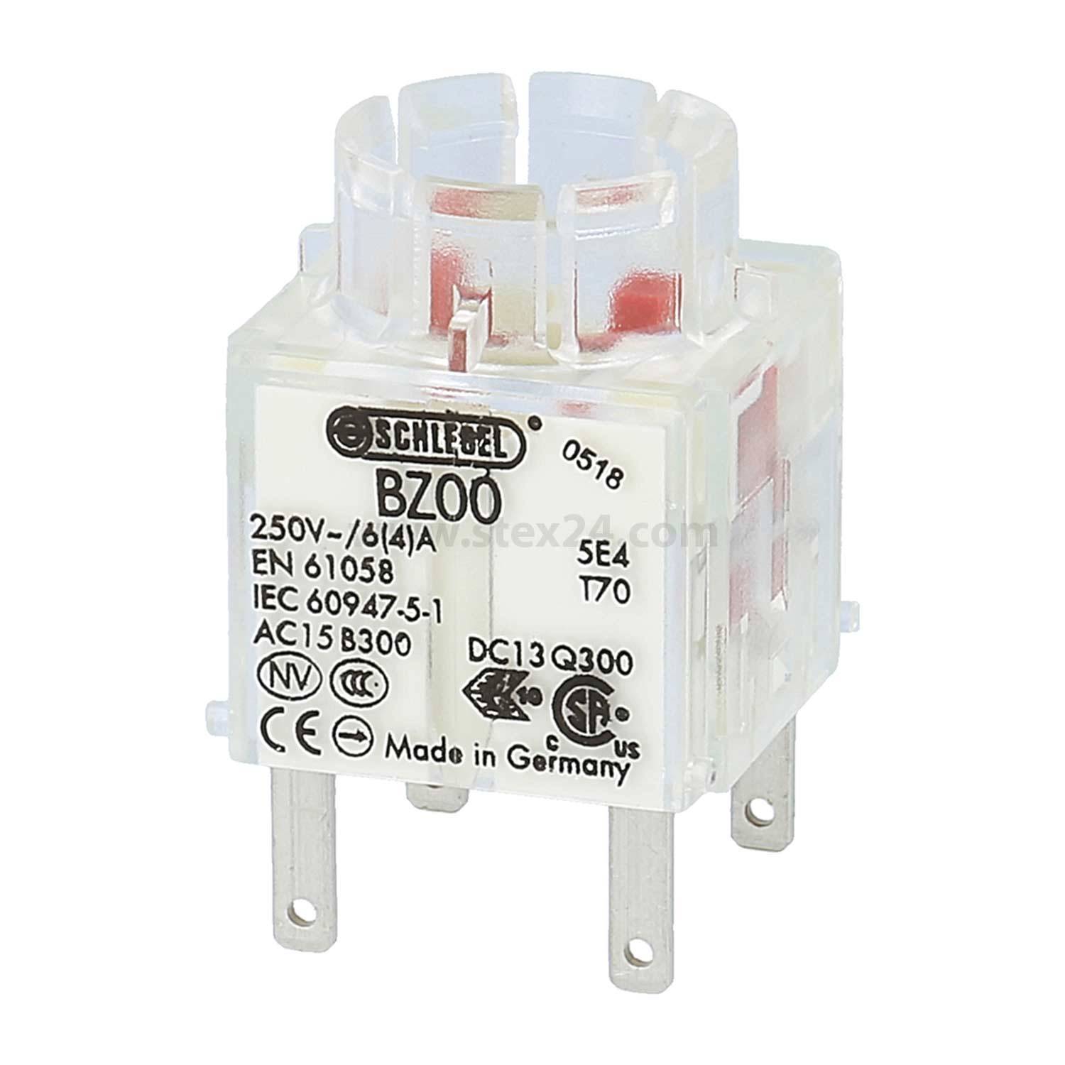 Ein transparenter Relais mit vier Metallstiften, die mit 'BZ00' gekennzeichnet sind, und technischen Spezifikationen wie '250V-6(4)A'. Hergestellt in Deutschland.