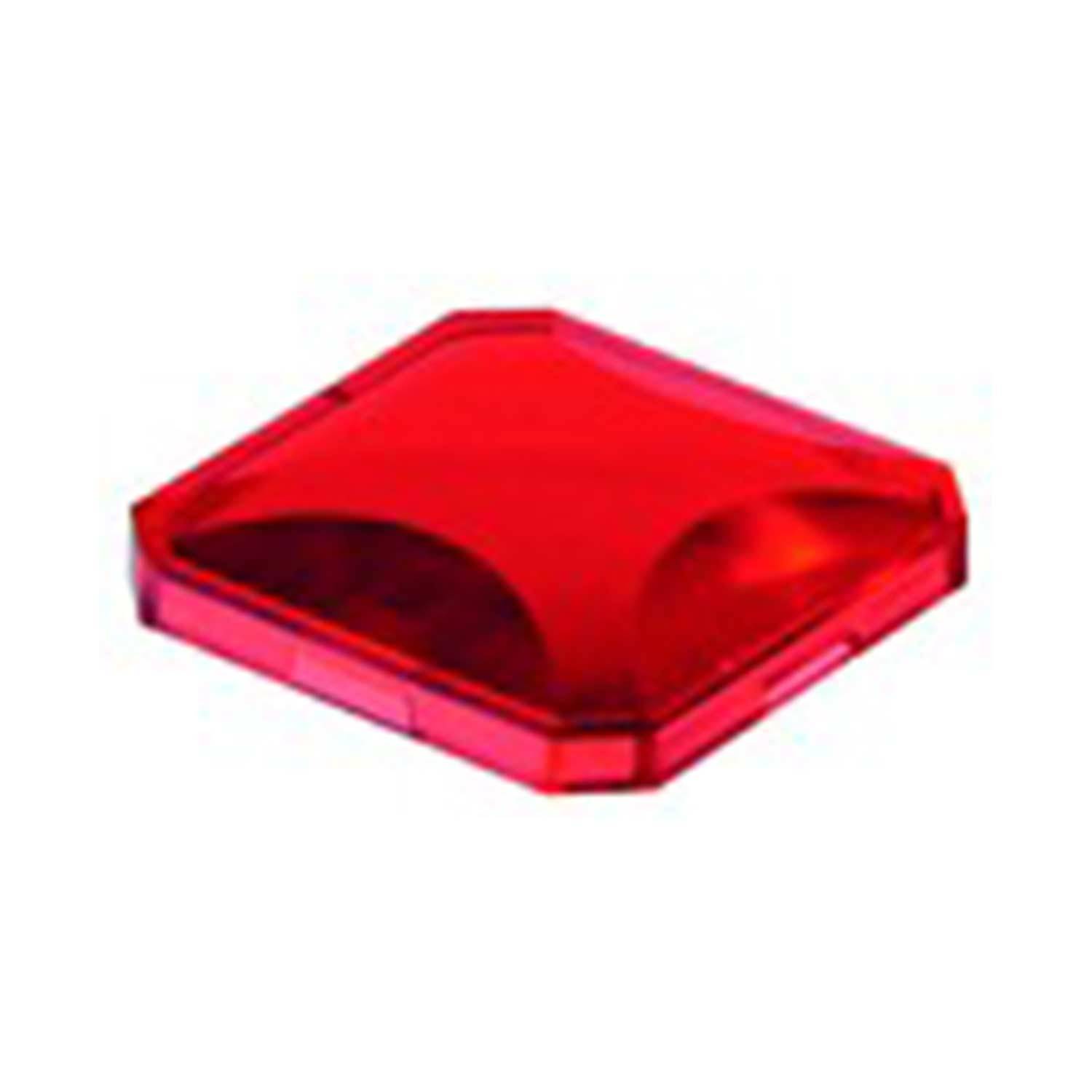 Ein quadratischer roter Rückstrahler mit abgeschrägten Kanten, der zur Sicherheit und Sichtbarkeit an Fahrzeugen oder Fahrrädern verwendet wird.