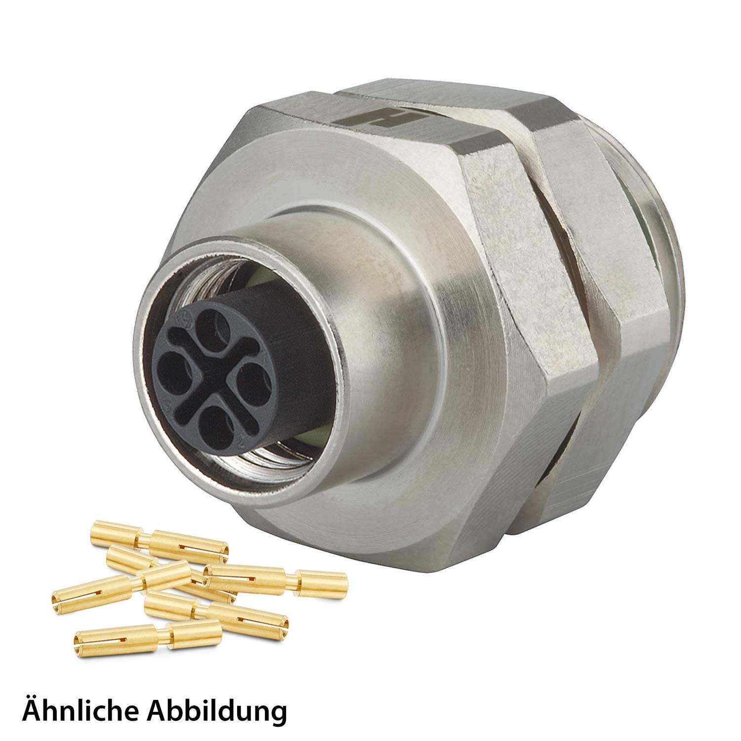 Ein silberner, sechseckiger industrieller Verbinder mit einer schwarzen kreisförmigen Fläche und sechs runden Öffnungen, neben mehreren kleinen Messingbolzen.