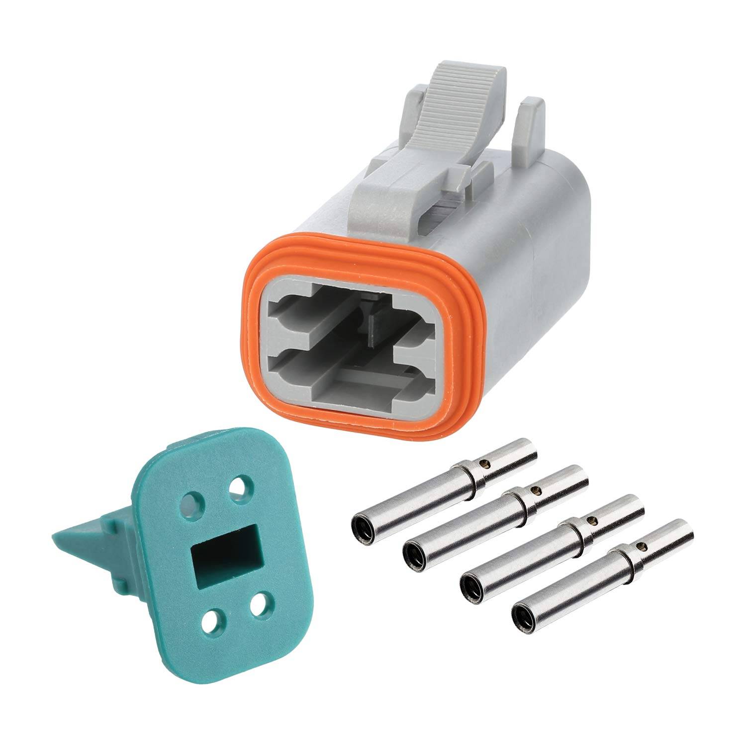 Ein grauer Automotive-Steckverbinder mit orangefarbener Dichtung, blauem Gehäuseteil und drei metallischen Anschlusspins für elektrische Verkabelungsinstallation.