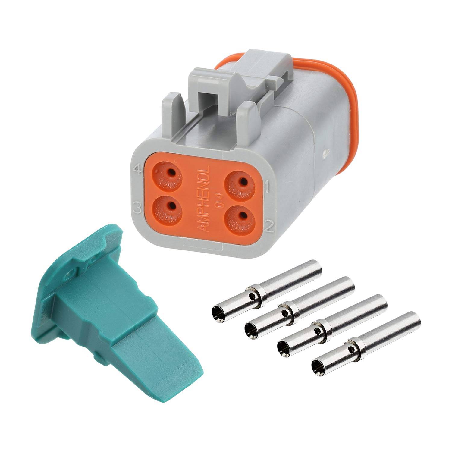 Ein kompakter, grau-orangefarbener elektrischer Stecker mit vier Buchsen und einem abgetrennten blauen Anschlussblock neben vier Metallstiften.