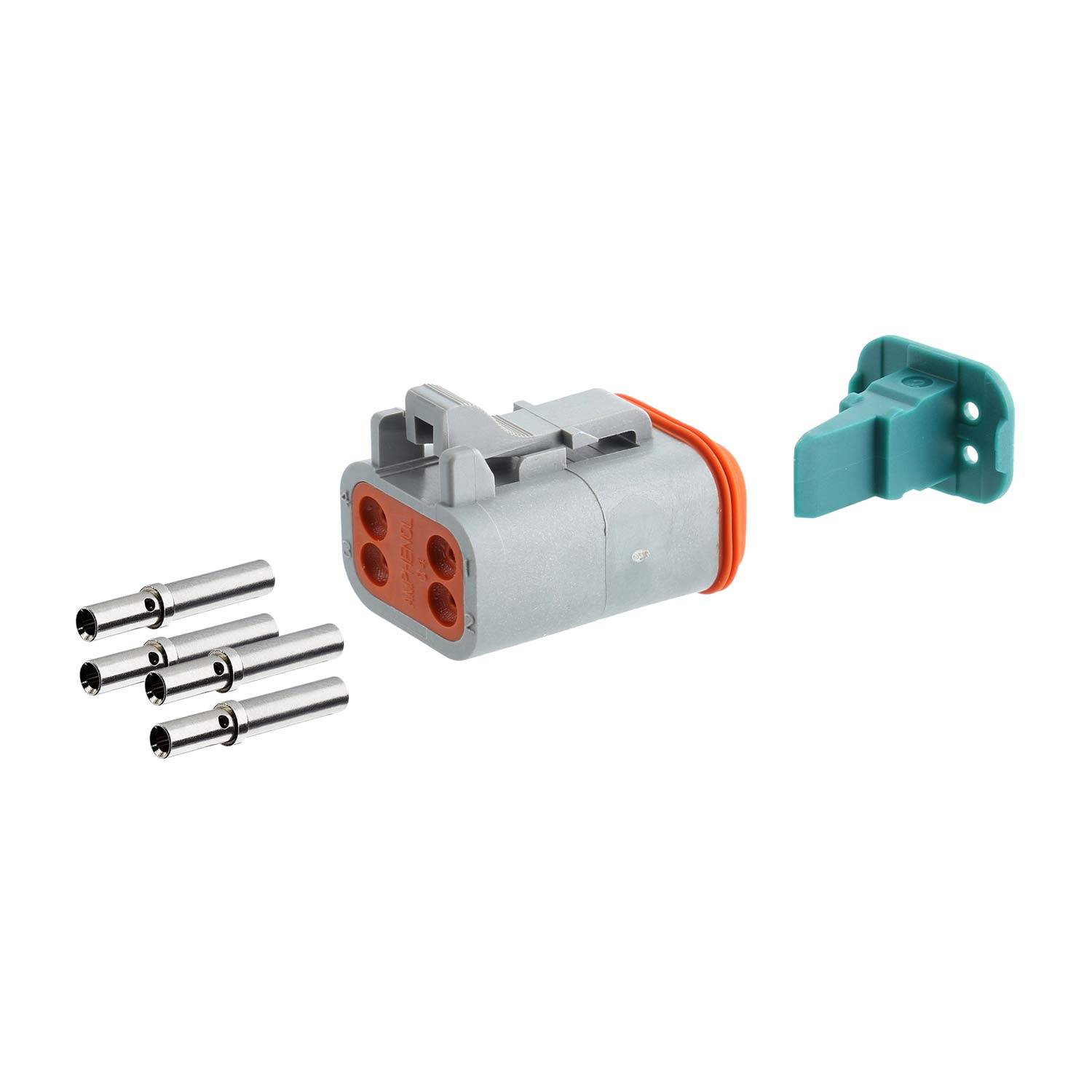 Grauer und orangefarbener elektrischer Steckverbinder mit vier silbernen Kontaktstiften und einem türkisfarbenen Plastikteil.
