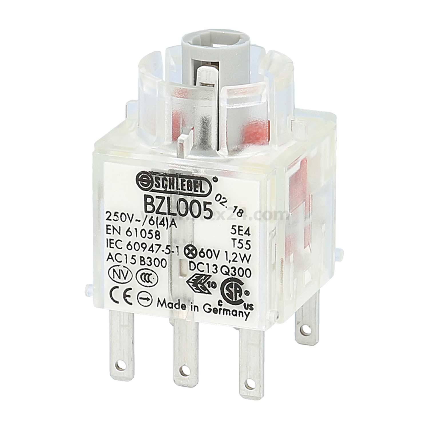 Ein Schlegel BZL005 Elektroschalter mit Anschlüssen und Spezifikationsmarkierungen, 250V, 6A, hergestellt in Deutschland.