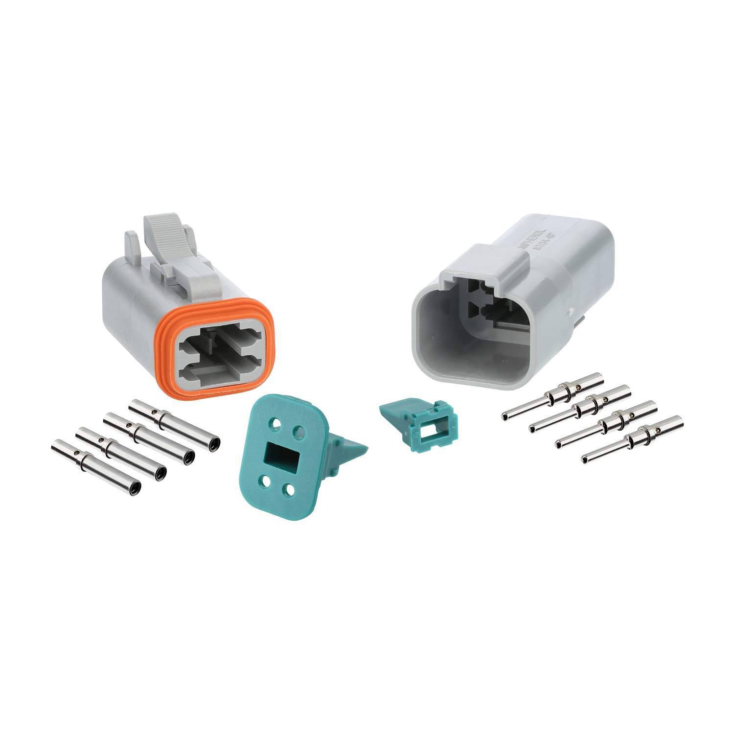 Elektrische Anschlüsse mit grauen Gehäusen, orangefarbenen und blauen Dichtungen und Metallstiften, die für sichere Drahtverbindungen in verschiedenen Anwendungen verwendet werden.