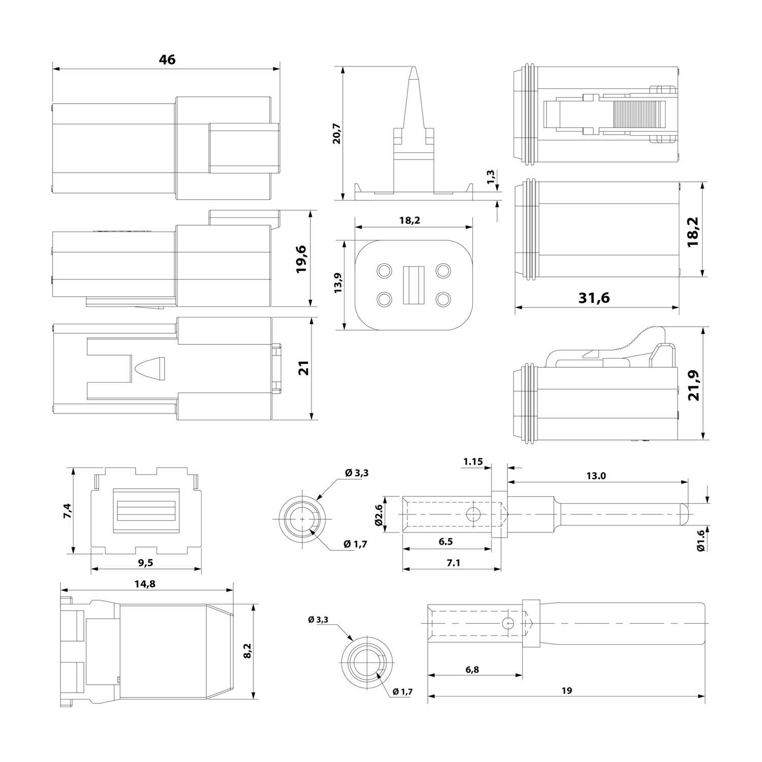 Technische Zeichnung einer elektronischen Komponente mit mehreren Ansichten und Dimensionen, die detaillierte Messungen und Maßstab zeigt.