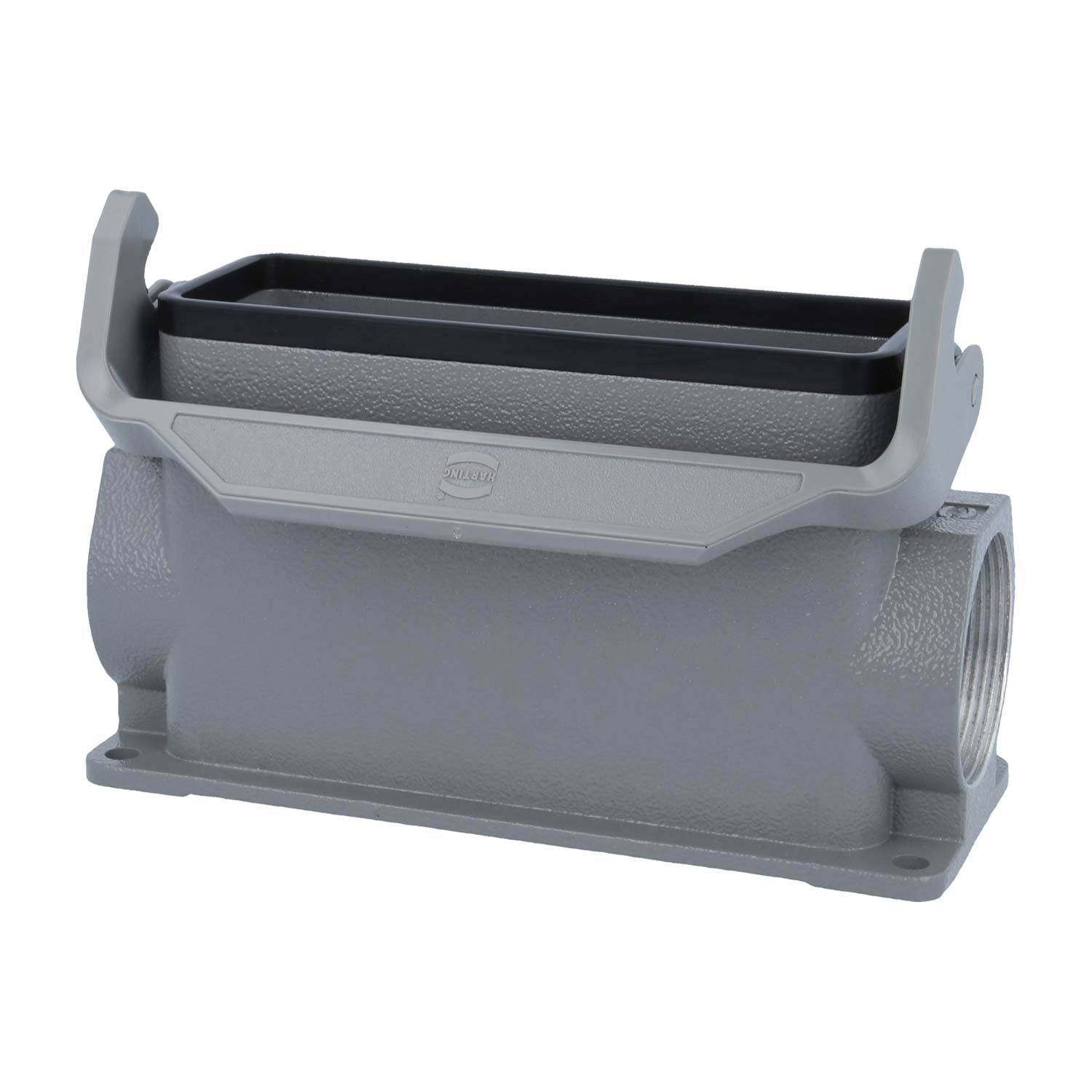 Ein rechteckiges graues industrielles Anschlussgehäuse mit einer Verriegelung oben, konzipiert für Schutzverkleidung und Verbindung in elektrischen Installationen.